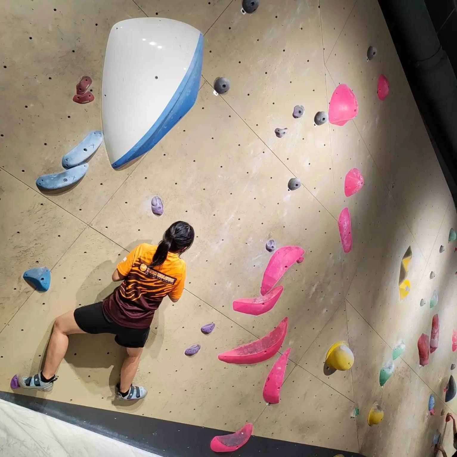 A Hivekind employee wall climbing